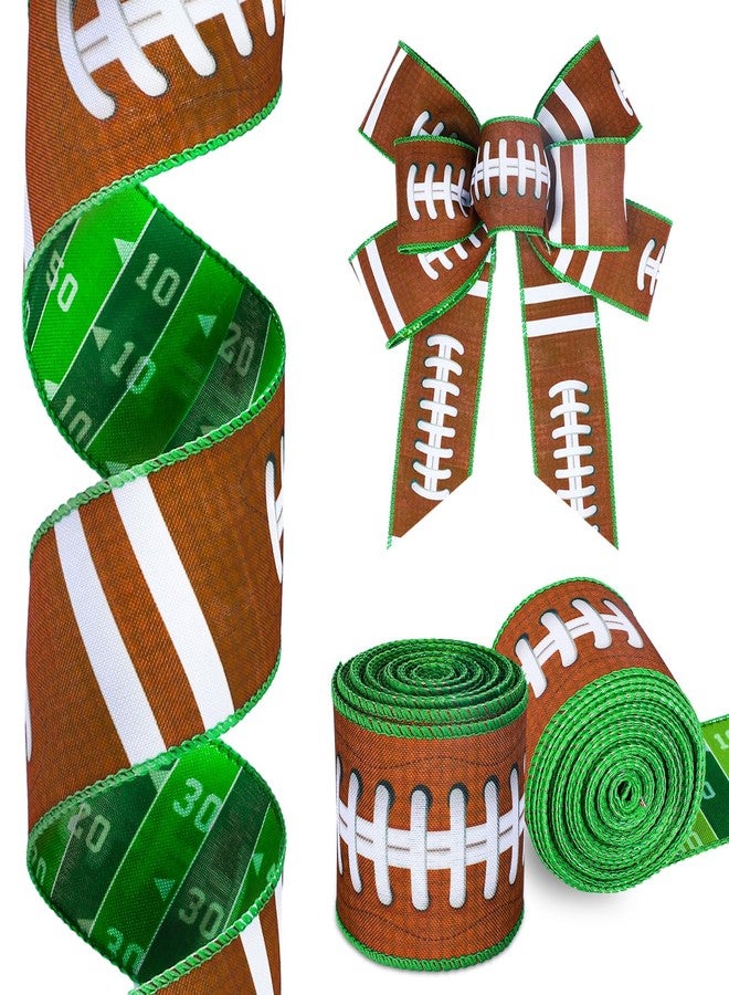 Whaline Football Wired Edge Ribbon 2 Rolls Reversible Ribbons 2.5 Inch Rugby Ball Field Pattern Craft Ribbon Team Sports Double-Sided Ribbons for Party Decor Gift Wrapping Bow Wreath Crafts Making - Image 1